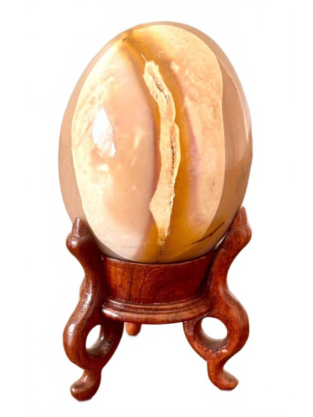 Vintage Banded Calcite Mexican Onyx Stone Egg 3" Carved Wood Stand Natural Vein